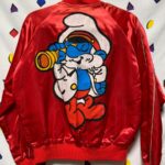 UNIQUE VINTAGE REPURPOSED ACETATE SATIN ZIP-UP JACKET LARGE PAPA SMURF BACK PATCH, MADE IN LA