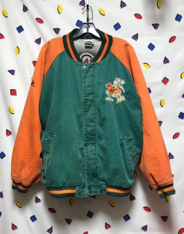 product details: MIAMI HURRICANES BASEBALL EMBROIDERED LETTERING VARSITY DENIM JACKET WITH SNAP AND ZIPPER FRONT photo