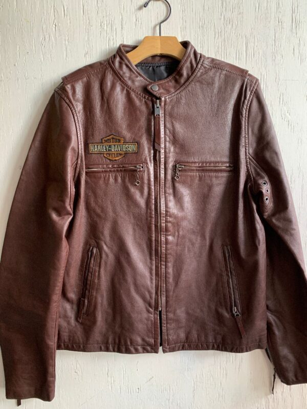 product details: OXBLOOD CAFE RACER LEATHER ZIP-UP JACKET W/ GROMMET UNDERARMS EMBROIDERED PATCH photo