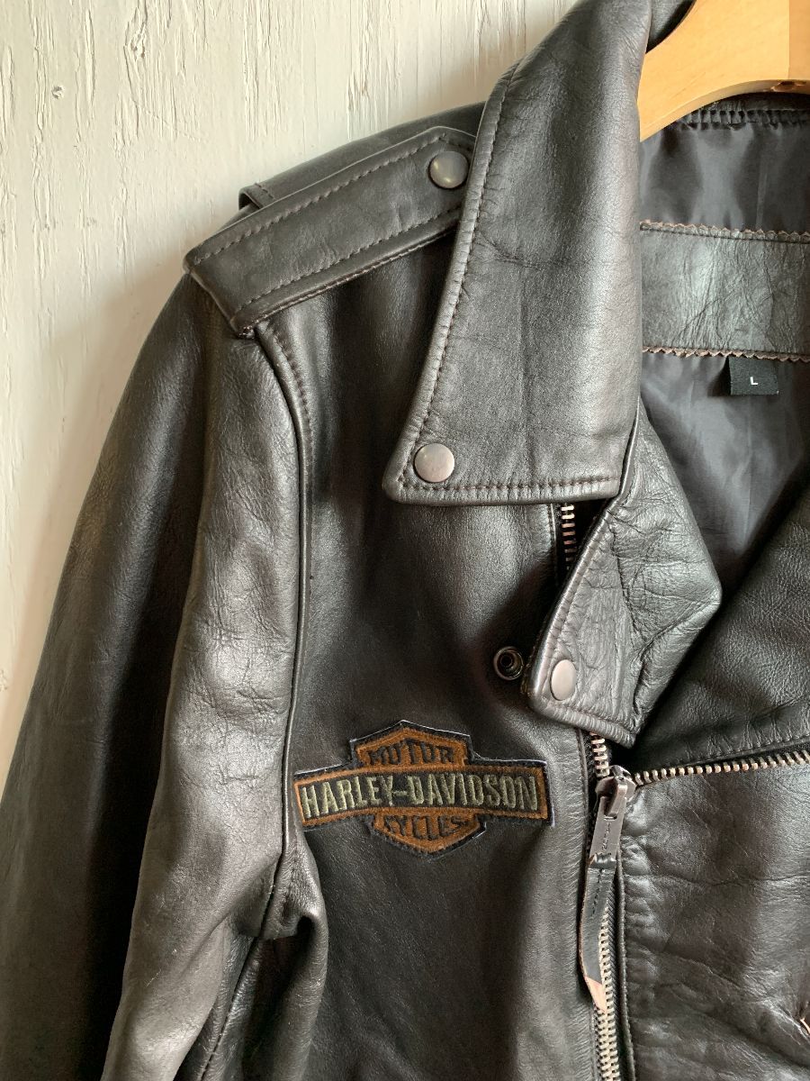 Classic Harley Davidson Patched Moto Style Zip-up Leather Biker Jacket ...