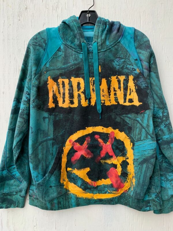 product details: HAND SCREEN PRINTED NIRVANA HOODED SWEATSHIRT REALTREE PATTERN *LOCAL DESIGNER photo