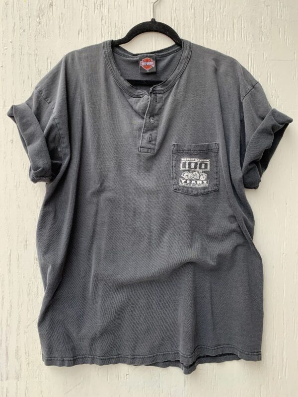 product details: HARLEY DAVIDSON \100 YEARS OF GREAT MOTORCYCLES\ GOWANDA, NY HENLEY POCKET T-SHIRT photo