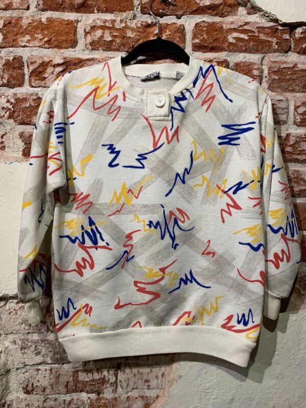 product details: 1990S ABSTRACT SWIRL & CROSSED STRIPE PRINT LONG SLEEVE SWEATSHIRT W/ SINGLE BUTTON COLLAR CLOSURE AS-IS photo