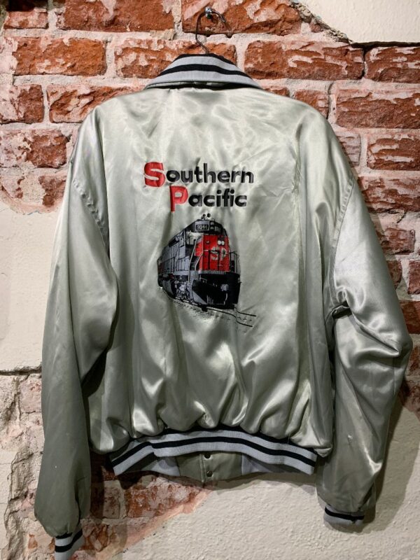 product details: SATIN SOUTHERN PACIFIC LINES TRAIN GRAPHIC BOMBER JACKET AS-IS photo