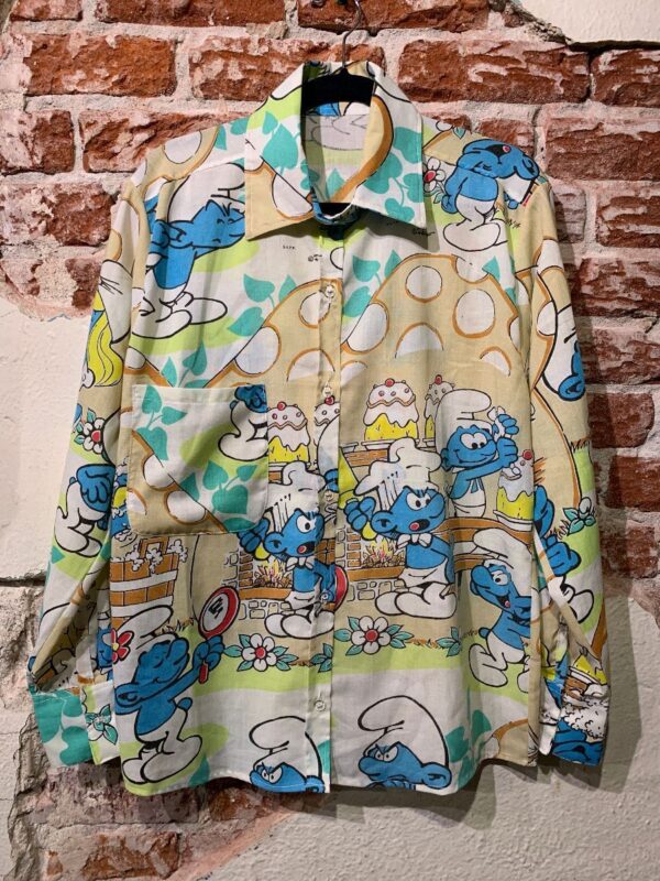 product details: ALL OVER SMURFS & MUSHROOMS PRINT THIN LONG SLEEVE BUTTON DOWN SHIRT photo