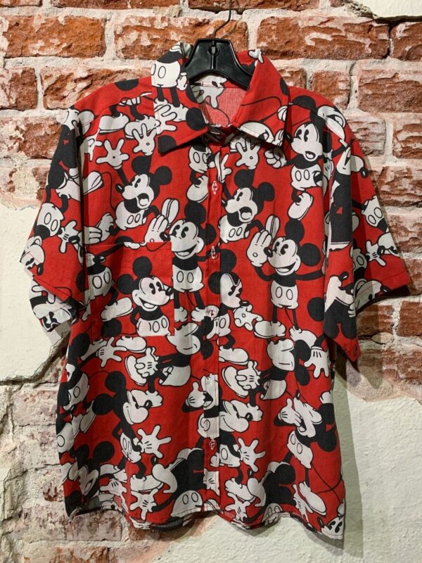 product details: RECONSTRUCTED THIN SHEER ALL OVER MICKEY MOUSE PRINT SHORT SLEEVE BUTTON DOWN SHIRT photo