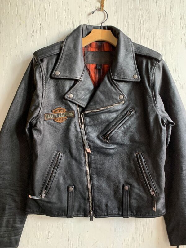 product details: HARLEY DAVIDSON MOTORCYCLES PATCHED MOTO STYLE LEATHER JACKET WITH BUFFALO CHECK PLAID LINING photo