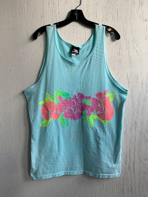 product details: 1980S COTTON TANK HAWAIIAN FLOWERS NEON GRAPHIC GOTCHA AS IS photo