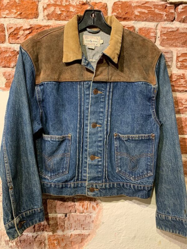 product details: RARE 1990S SUEDE PANEL PLEATED DENIM JACKET WITH CORDUROY COLLAR &AMP; UPSIDE DOWN PANT POCKETS photo