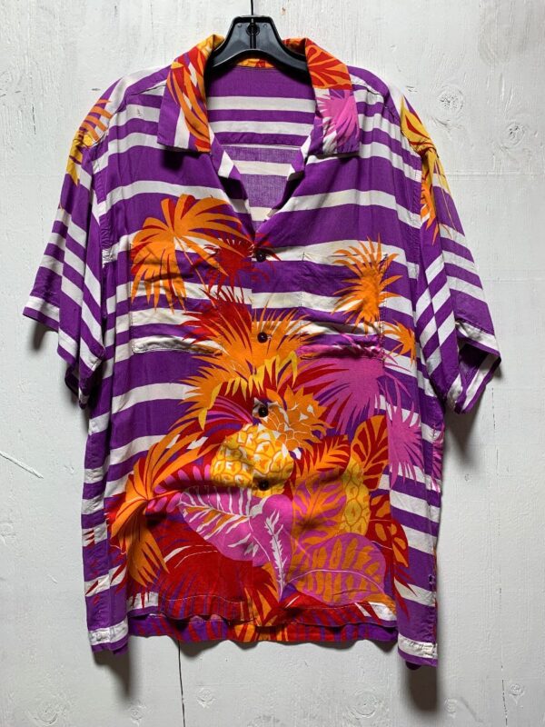 product details: STRIPED PINEAPPLE AND PALM LEAF BUTTON-UP HAWAIIAN STYLE RAYON SHIRT photo