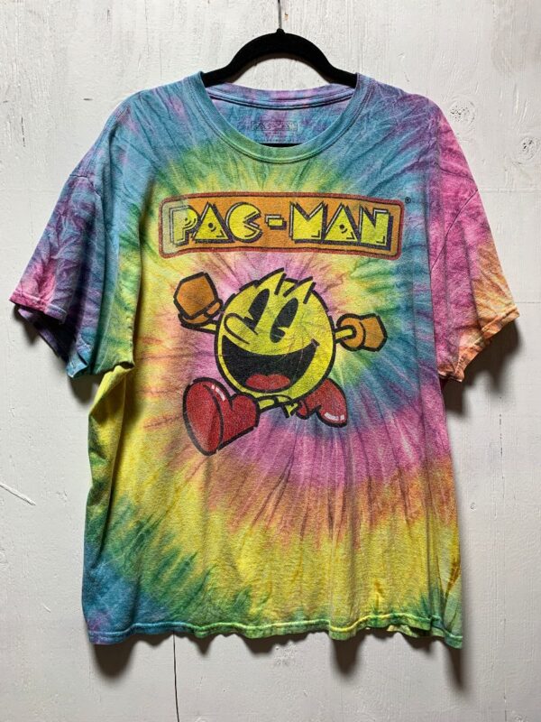 product details: FUN VINTAGE STYLE PAC-MAN GRAPHIC TIE DYE SWIRL T-SHIRT photo