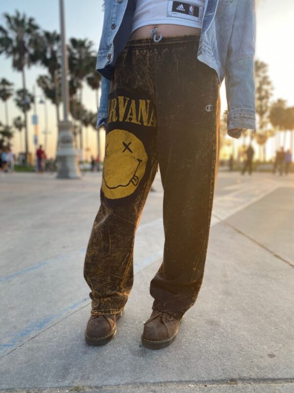 product details: SUPER RAD REPURPOSED MINERAL WASH SWEATPANTS W/ NIRVANA SMILEY FACE PATCH photo