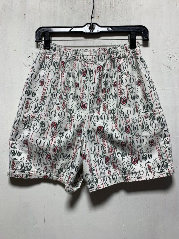 product details: 1990S PEACOCK FEATHER PRINT ELASTIC WAISTBAND COTTON SHORTS photo