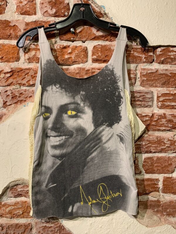 product details: 3-21 FURST OF A KIND RECONSTRUCTED MICHAEL JACKSON THRILLER GRAPHIC TANK TOP W/ FRINGE SIDES photo