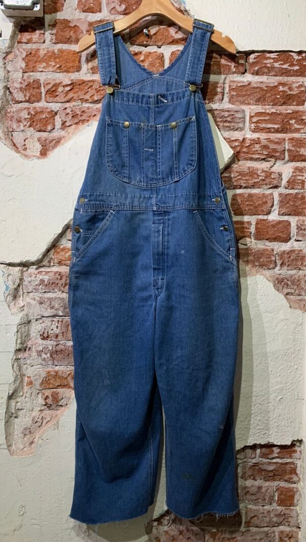 product details: PERFECT RETRO ROEBUCKS DENIM OVERALLS CONTRAST STITCH CROPPED FRAYED HEM - AS IS photo