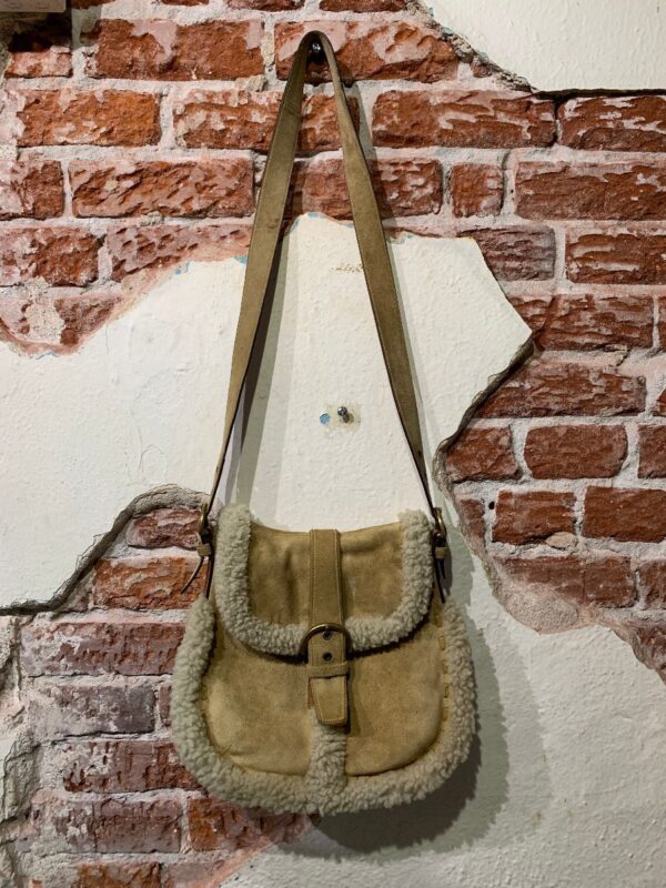 product details: SUEDE & LEATHER CROSS BODY BOHO BAG W/ SHEARLING TRIM & COACH MONOGRAM INTERIOR LINING AS-IS photo