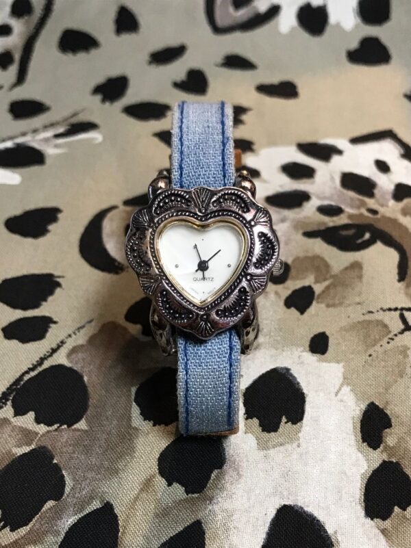 product details: VINTAGE HEART SHAPED WATCH DENIM BAND | AS IS photo