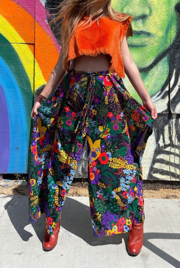 product details: 1970S WIDE LEG WRAP PANTS BRIGHT MULTI-COLOR PSYCH FLOWER &AMP; LEAVES ALL OVER PRINT photo