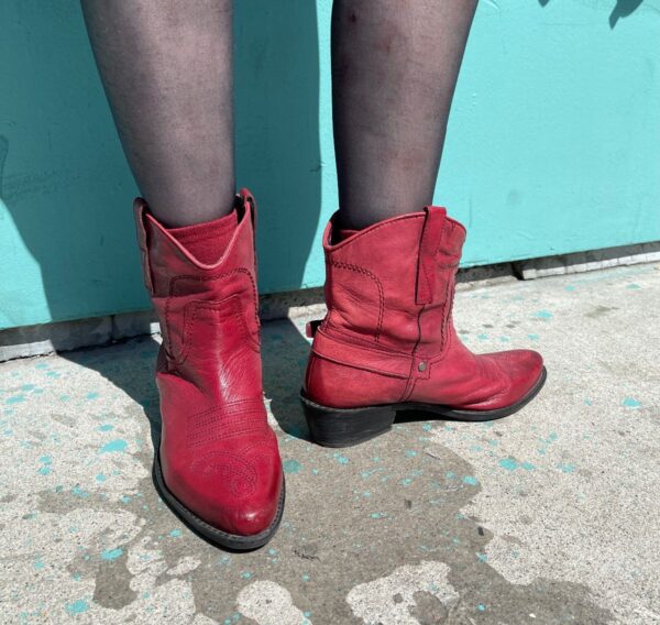 product details: LEATHER EMBROIDERED ANKLE COWBOY BOOTS W/ BACK BUCKLED STRAP photo