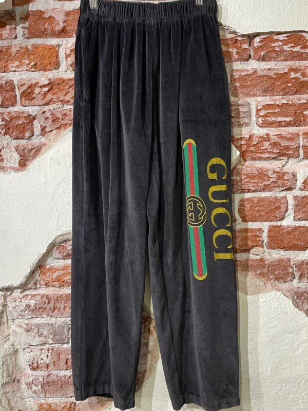 product details: INCREDIBLE FAUX GUCCI VELOUR SWEATPANTS WITH GLITTER SCREEN PRINT LOGO photo