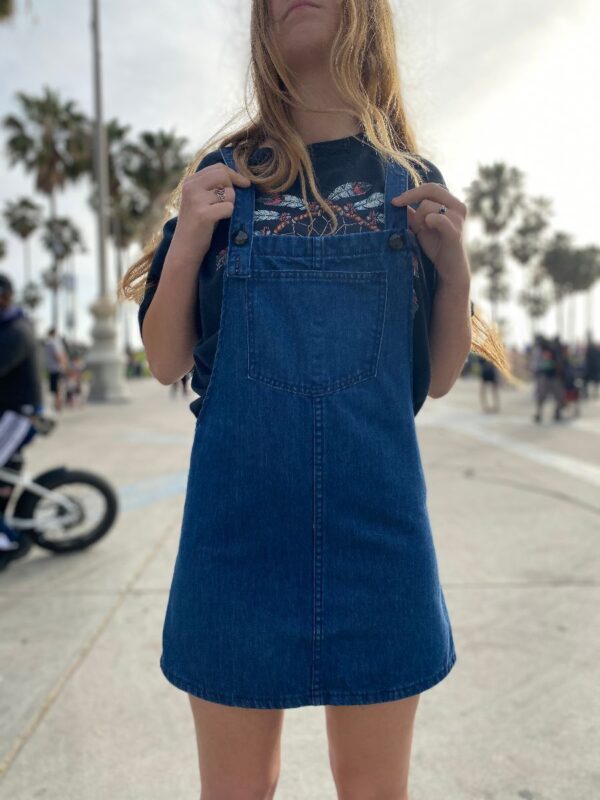 product details: DARK BLUE DENIM OVERALL DRESS ADJUSTABLE BUTTON STRAPS FRONT AND REAR POCKETS photo