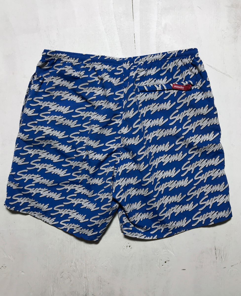 Supreme Signature Script Logo Water Board Shorts All Over Text With  Drawstring Waist Zip Back Pocket And Mesh Lining