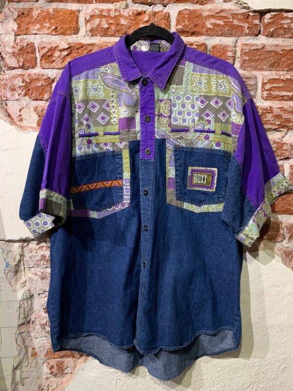 product details: SS BD 1990S FUNKY HIPHOP OVERSIZED PAISLEY PATCHWORK DENIM SHIRT DOUBLE POCKETS photo