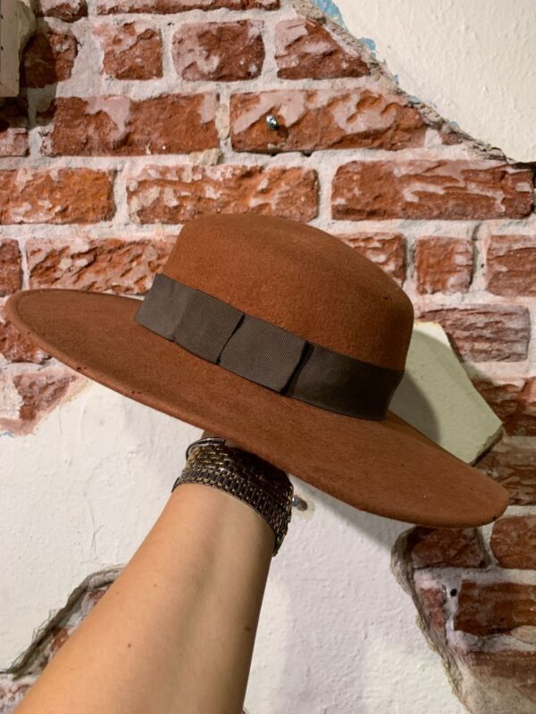 product details: SOLID WOOL WIDE BRIM HAT W/ SATIN WRAP AROUND BOW STRAP - AS IS photo