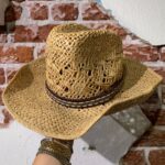 STRUCTURED TALL STRAW COWBOY HAT W/ EMBROIDERED &AMP; LEATHER HAT BAND