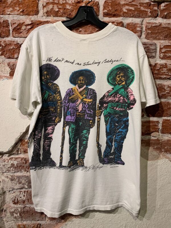 product details: THRASHED DAYGLO GUERILLA OUTLAW GRAPHIC T-SHIRT WE DONT NEED NO STINKING BADGES AS-IS photo