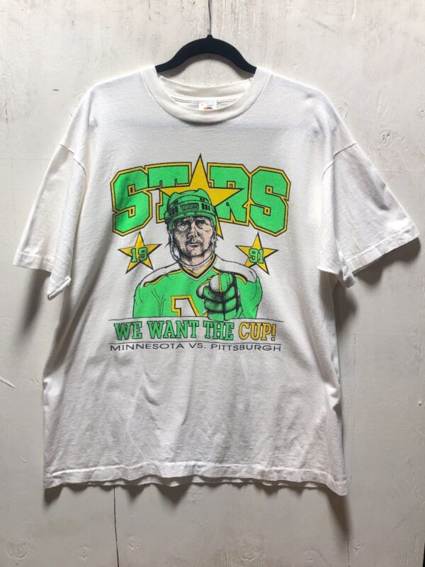 product details: 1991 STARS WE WANT THE CUP! MINNESOTA VS. PITTSBURGH T-SHIRT photo