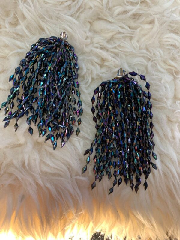 product details: AMAZING 1980S TASSELED BEADED IRIDESCENT CLIP ON EARRINGS photo