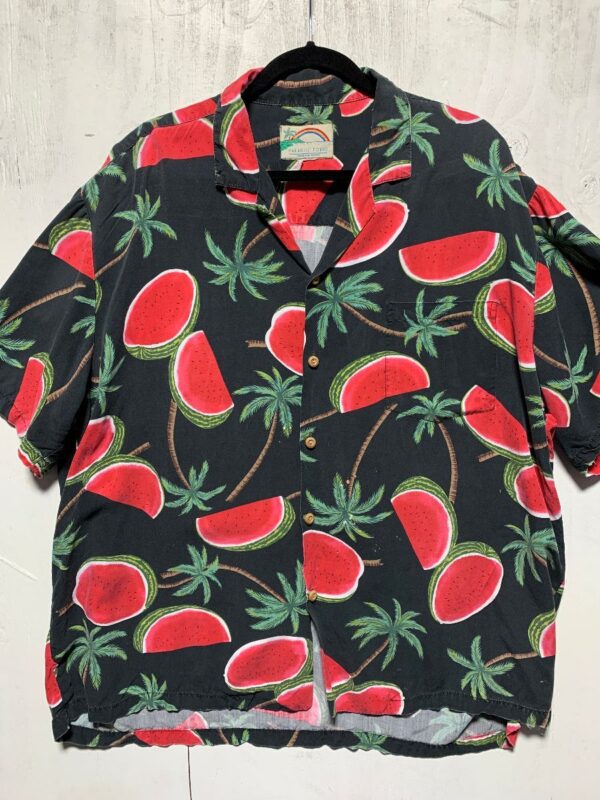 product details: TROPICAL HAWAIIAN SILK SHIRT WITH WATERMELON AND PALM TREE ALL OVER DESIGN photo