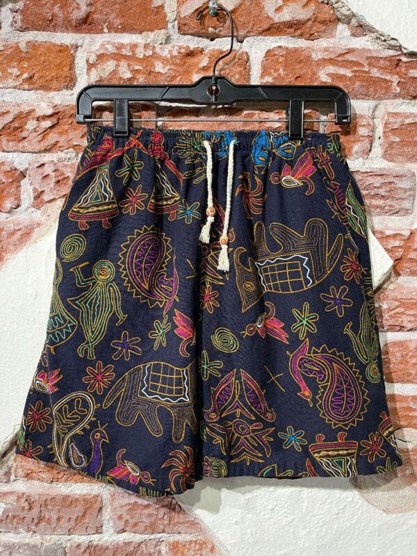 product details: FUNKY ABSTRACT  BIRD &AMP; ELEPHANT FLOWER PRINT COTTON SHORTS W/ BEADED DRAWSTRING WAIST photo