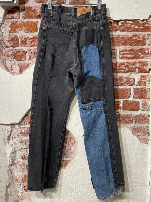 product details: RAD RECONSTRUCTED TWO-TONE DENIM PATCHWORK HIGH WAISTED LEVIS 550 JEANS photo