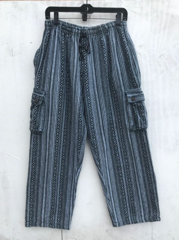 product details: TRIBAL DRAWSTRING TEXTILE COTTON PANTS WITH BUTTON SIDE CARGO POCKETS AND BACK POCKET photo