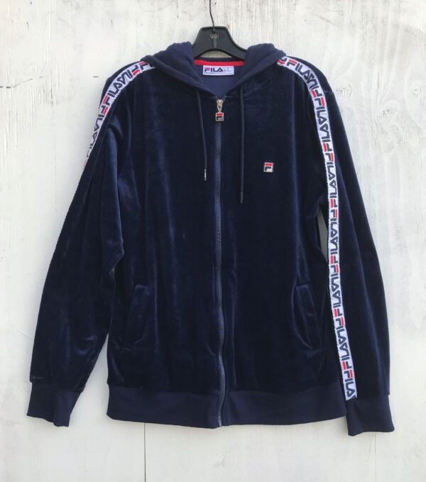 product details: AMAZING FILA VELOUR TRACKSUIT JACKET WITH HOOD REPEAT LOGO STRIPED SLEEVES photo
