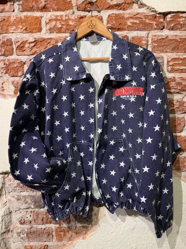 product details: 1990S *DEADSTOCK STAR PRINTED DENIM JACKET IRONMAN BACK GRAPHIC CINCHED WAIST photo