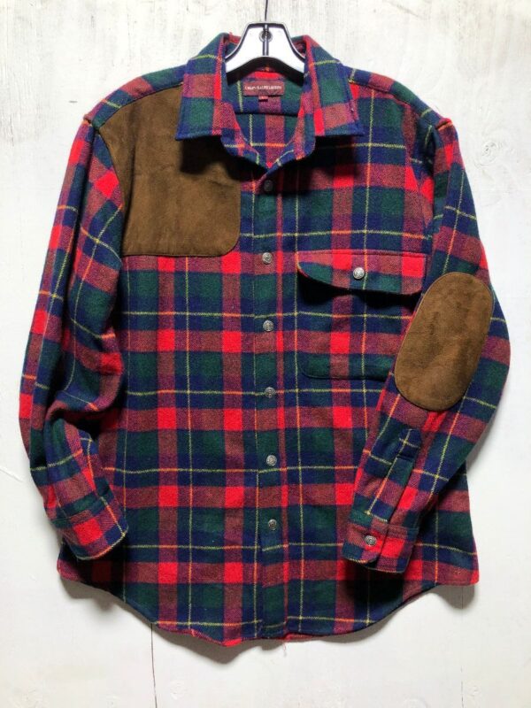 product details: GORGEOUS CHAPS RALPH LAUREN SUEDE BREAST/ ELBOW PATCH PLAID WOOL LONG-SLEEVE BUTTON-UP photo