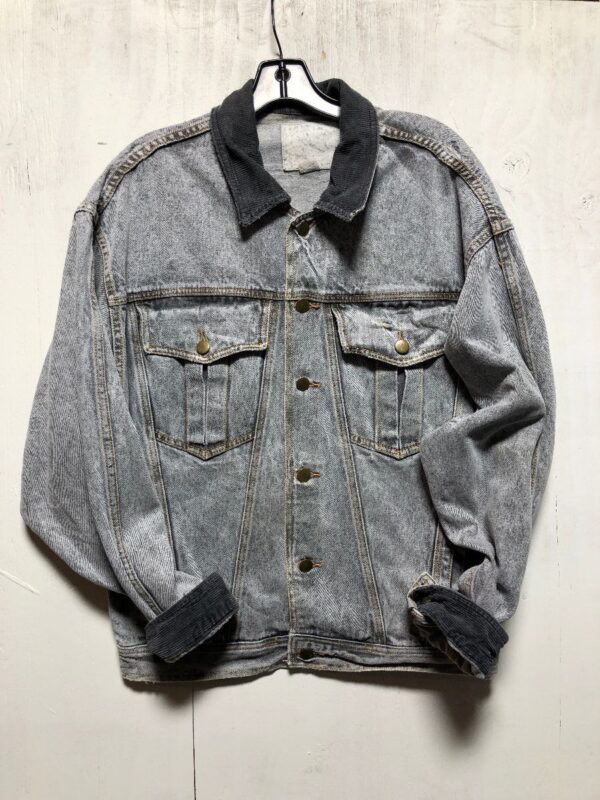 product details: CORDUROY LINED DENIM JACKET GOLD STITCHING AND BUTTONS- AS IS photo
