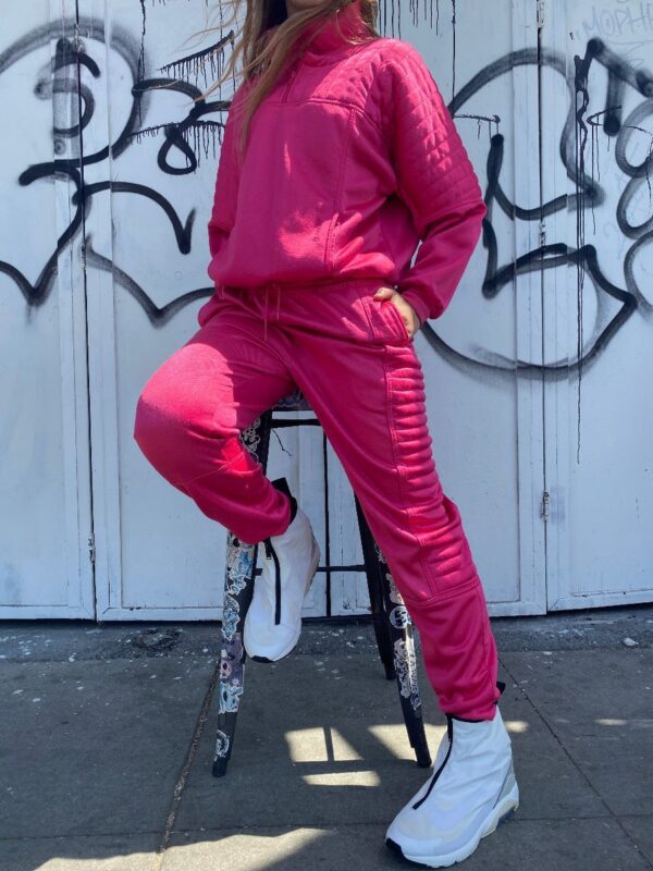 product details: BRIGHT PINK SATIN TRACK SUIT QUARTER ZIP AND SNAP JACKET AND CINCH WAIST PANTS photo
