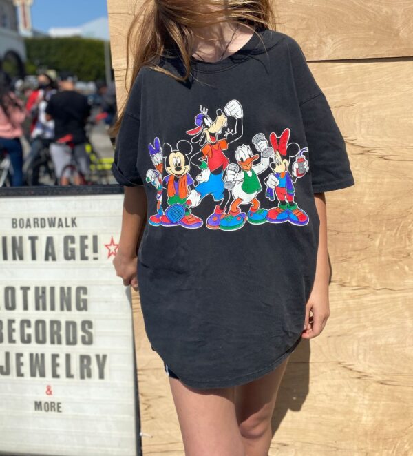 product details: MICKEY AND FRIENDS GYM SHIRT GLITTER WEIGHTS MINNIE MOUSE DONALD DAISY DUCK GOOFY photo