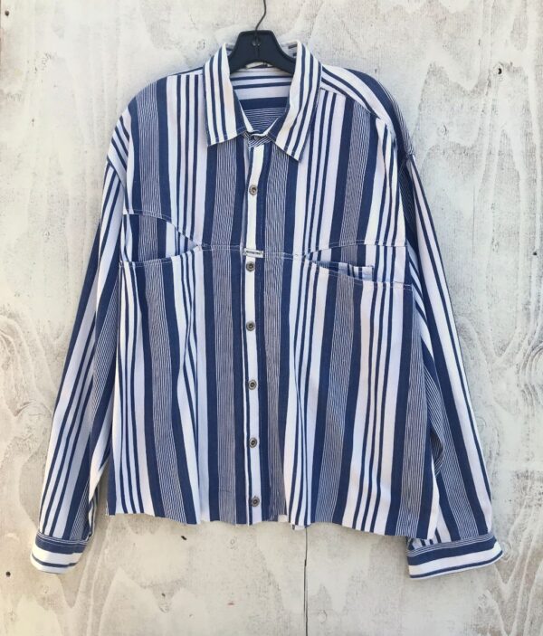 product details: PINSTRIPE SLIT POCKET CUT-OFF LONG-SLEEVE BUTTON-UP SHIRT AS-IS photo