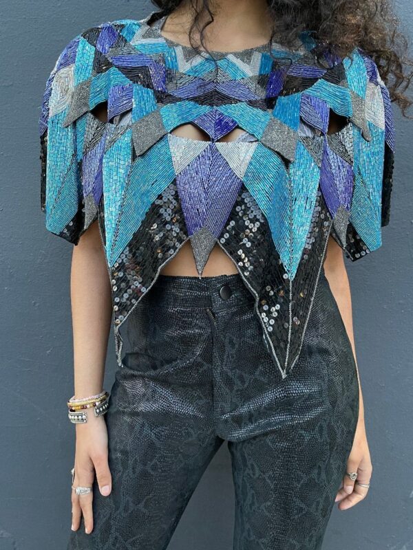 product details: RECONSTRUCTED STRUCTURED HEAVY BEADED SILK PONCHO TOP FULLY BEADED GEOMETRIC DESIGN photo