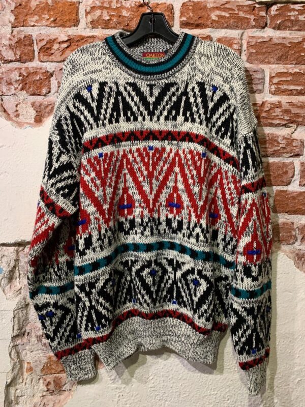 product details: SOFT KNIT MOCK NECK SWEATER W/ ABSTRACT DESIGN &AMP; STRIPED NECK COSBY SWEATER photo