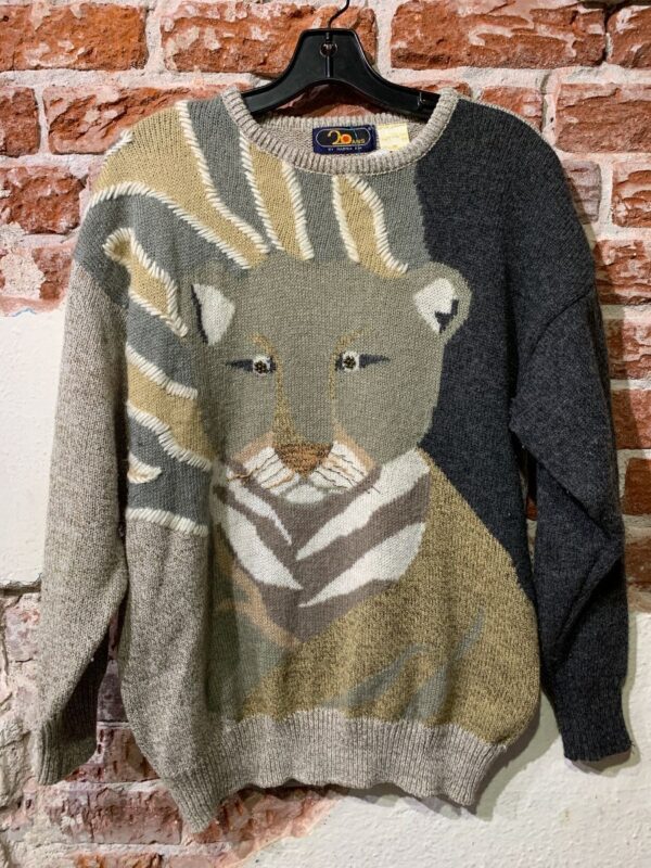 product details: AS-IS KNIT WOOL WILDCAT WOVEN DESIGN CREW NECK SWEATER W/ BEADED EYES photo