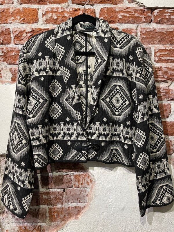 product details: 90S CROPPED WOVEN AZTEC DESIGN WIDE SLEEVE CARPET TAPESTRY JACKET W/ SINGLE BUTTON LOOP CLOSURE photo