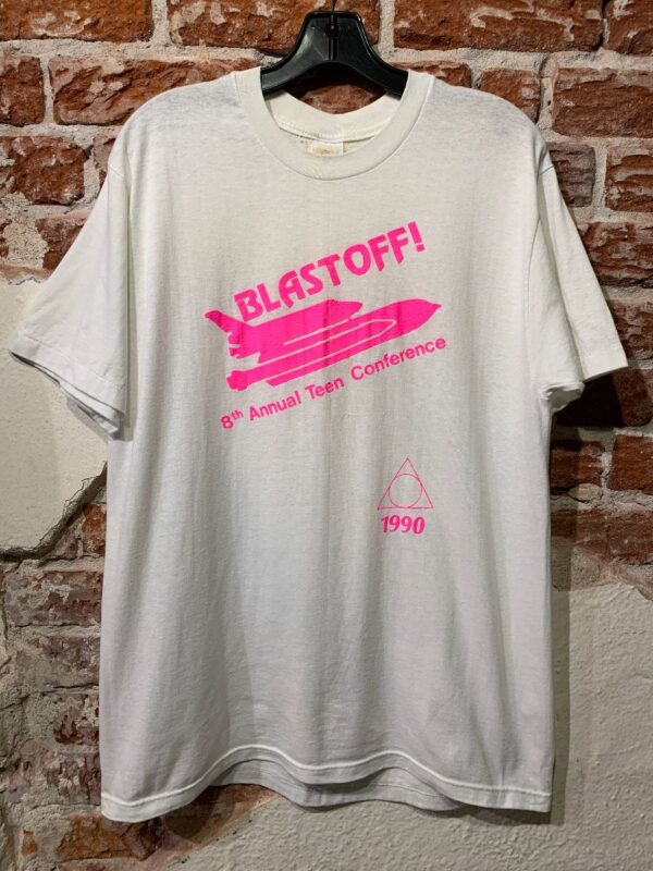 product details: 1990 BRIGHT BLASTOFF! 8TH ANNUAL TEEN CONFERENCE NEON PUFF INK GRAPHIC T-SHIRTPUFF INK photo