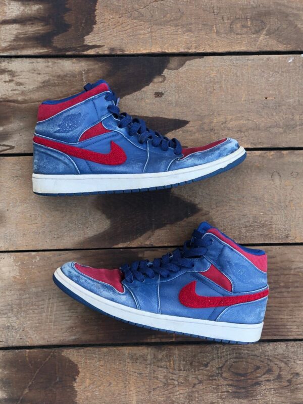 product details: DISTRESSED AIR JORDAN 1S SNEAKERS BLUE / RED COLORWAY W CHENILLE SWOOSH photo