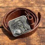 NATIVE AMERICAN CHIEF BELT BUCKLE WITH FLORAL EMBOSSED GENUINE MEXICAN LEATHER STRAP